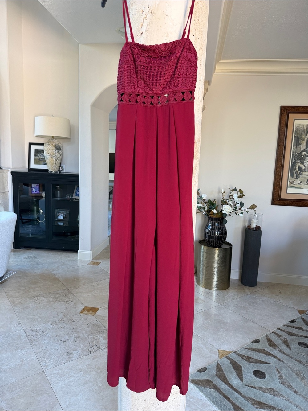 Sleeveless Wine Red Crochet-Bodice Jumpsuit Size 8 NWT